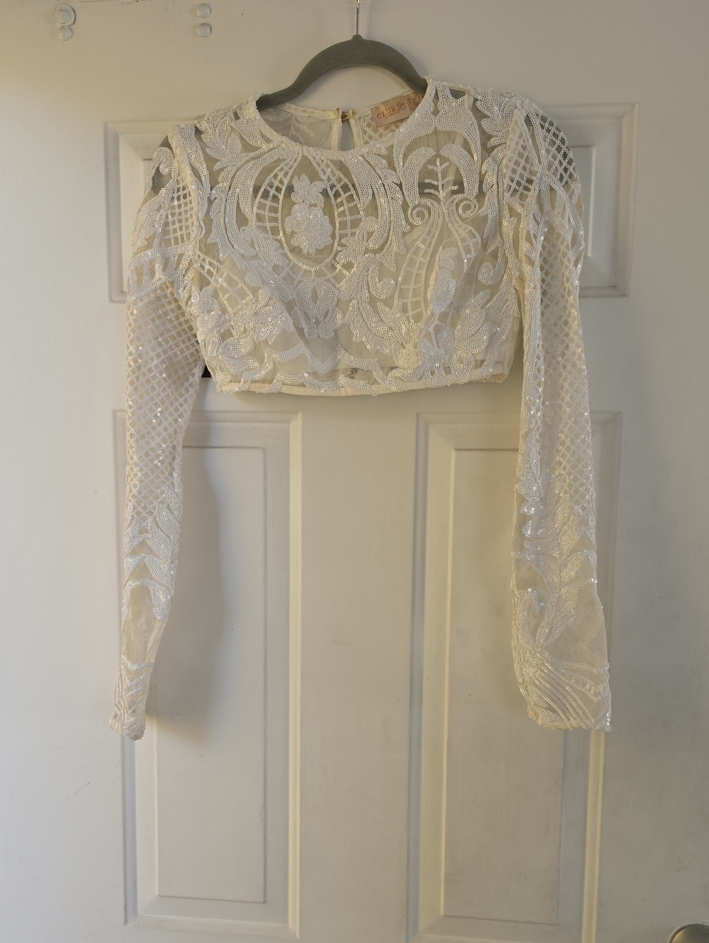 Women's White Beaded Lace Crop Top